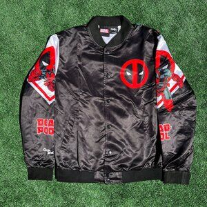 Chalk Line - Marvel Deadpool Satin Long Sleeve Graphic Bomber Jacket